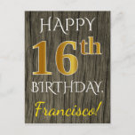 [ Thumbnail: Faux Wood, Faux Gold 16th Birthday + Custom Name Postcard ]