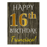 [ Thumbnail: Faux Wood, Faux Gold 16th Birthday + Custom Name Postcard ]