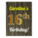 [ Thumbnail: Faux Wood, Faux Gold 16th Birthday & Custom Name Postcard ]