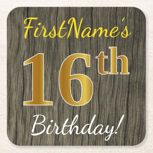 Faux Wood Faux Gold 16th Birthday  Custom Name Square Paper Coaster