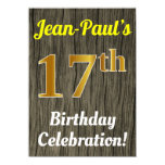 [ Thumbnail: Faux Wood, Faux Gold 17th Birthday Celebration Invitation ]