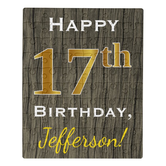 Faux Wood, Faux Gold 17th Birthday + Custom Name Jigsaw Puzzle (Puzzle Vertical)