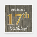 [ Thumbnail: Faux Wood, Faux Gold 17th Birthday + Custom Name Napkin ]