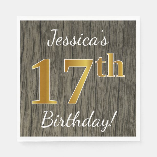 Faux Wood, Faux Gold 17th Birthday + Custom Name Napkins (Front)