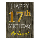 [ Thumbnail: Faux Wood, Faux Gold 17th Birthday + Custom Name Postcard ]