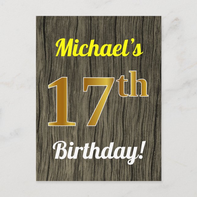 Faux Wood, Faux Gold 17th Birthday & Custom Name Postcard (Front)
