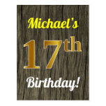 [ Thumbnail: Faux Wood, Faux Gold 17th Birthday & Custom Name Postcard ]