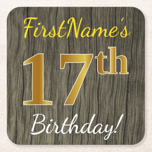 Faux Wood Faux Gold 17th Birthday  Custom Name Square Paper Coaster