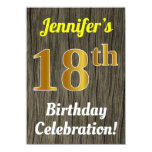 [ Thumbnail: Faux Wood, Faux Gold 18th Birthday Celebration Invitation ]