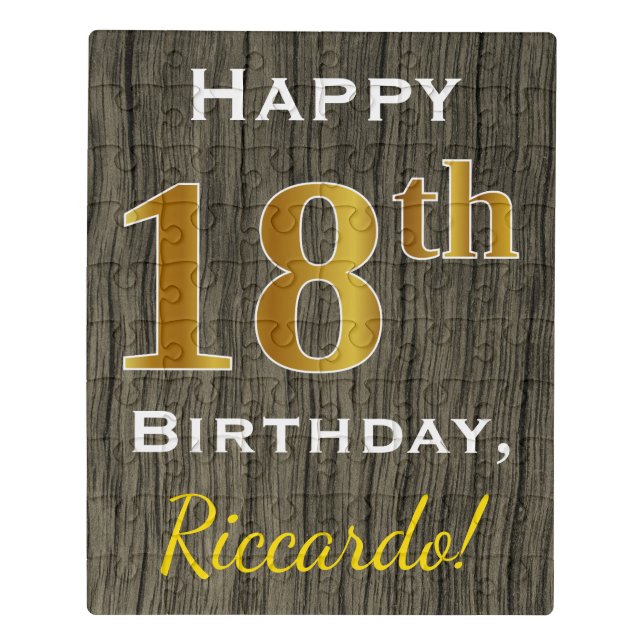Faux Wood, Faux Gold 18th Birthday + Custom Name Jigsaw Puzzle (Puzzle Vertical)