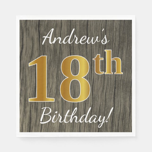 Faux Wood, Faux Gold 18th Birthday + Custom Name Paper Napkins (Front)