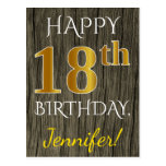 [ Thumbnail: Faux Wood, Faux Gold 18th Birthday + Custom Name Postcard ]