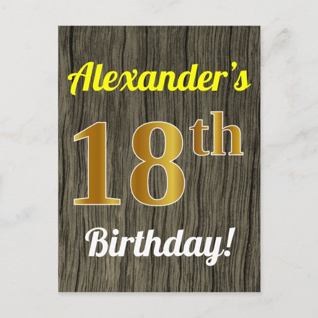 Faux Wood, Faux Gold 18th Birthday & Custom Name Postcard (Front)
