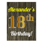 [ Thumbnail: Faux Wood, Faux Gold 18th Birthday & Custom Name Postcard ]