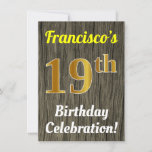 [ Thumbnail: Faux Wood, Faux Gold 19th Birthday Celebration Invitation ]