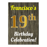 [ Thumbnail: Faux Wood, Faux Gold 19th Birthday Celebration Invitation ]