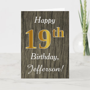 Faux Wood, Faux Gold 19th Birthday + Custom Name Card