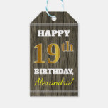 [ Thumbnail: Faux Wood, Faux Gold 19th Birthday + Custom Name Gift Tags ]