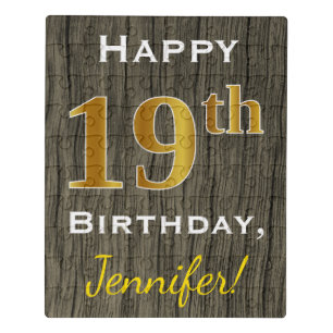Faux Wood, Faux Gold 19th Birthday + Custom Name Jigsaw Puzzle