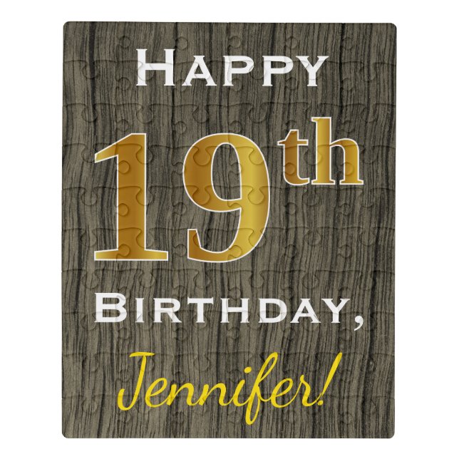 Faux Wood, Faux Gold 19th Birthday + Custom Name Jigsaw Puzzle (Puzzle Vertical)