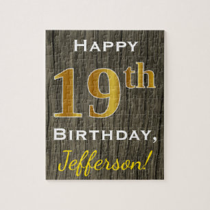 Faux Wood, Faux Gold 19th Birthday + Custom Name Jigsaw Puzzle