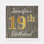 [ Thumbnail: Faux Wood, Faux Gold 19th Birthday + Custom Name Napkin ]