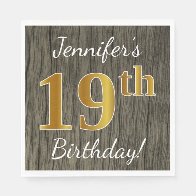Faux Wood, Faux Gold 19th Birthday + Custom Name Napkins (Front)