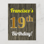 [ Thumbnail: Faux Wood, Faux Gold 19th Birthday & Custom Name Postcard ]