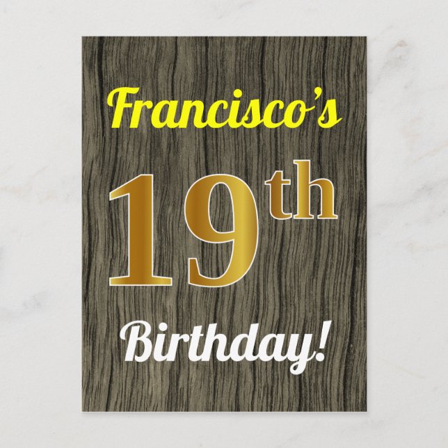 Faux Wood, Faux Gold 19th Birthday & Custom Name Postcard (Front)
