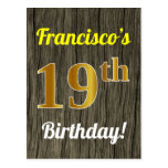 [ Thumbnail: Faux Wood, Faux Gold 19th Birthday & Custom Name Postcard ]