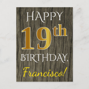 Faux Wood, Faux Gold 19th Birthday + Custom Name Postcard