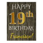 [ Thumbnail: Faux Wood, Faux Gold 19th Birthday + Custom Name Postcard ]