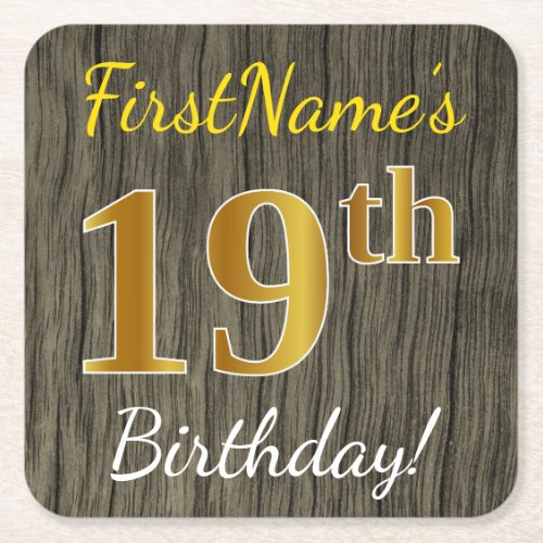 Faux Wood Faux Gold 19th Birthday  Custom Name Square Paper Coaster