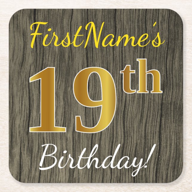Faux Wood, Faux Gold 19th Birthday + Custom Name Square Paper Coaster (Front)