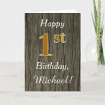 [ Thumbnail: Faux Wood, Faux Gold 1st Birthday + Custom Name Card ]