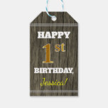 [ Thumbnail: Faux Wood, Faux Gold 1st Birthday + Custom Name Gift Tags ]