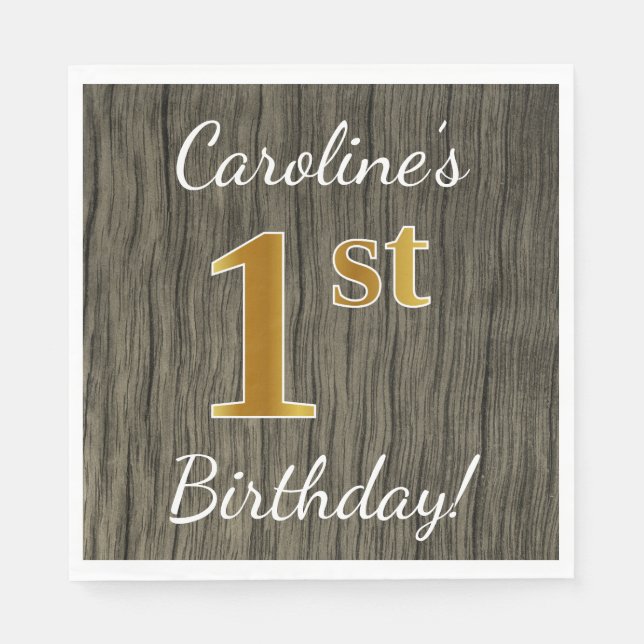 Faux Wood, Faux Gold 1st Birthday + Custom Name Napkins (Front)