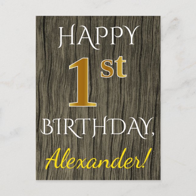Faux Wood, Faux Gold 1st Birthday + Custom Name Postcard (Front)