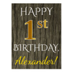 [ Thumbnail: Faux Wood, Faux Gold 1st Birthday + Custom Name Postcard ]