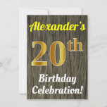 [ Thumbnail: Faux Wood, Faux Gold 20th Birthday Celebration Invitation ]