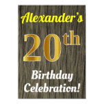 [ Thumbnail: Faux Wood, Faux Gold 20th Birthday Celebration Invitation ]