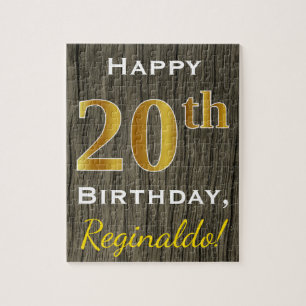 Faux Wood, Faux Gold 20th Birthday + Custom Name Jigsaw Puzzle