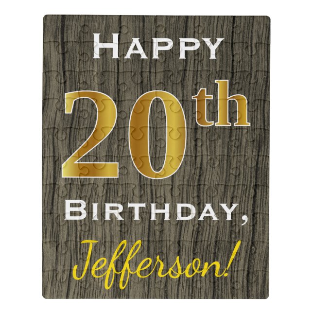 Faux Wood, Faux Gold 20th Birthday + Custom Name Jigsaw Puzzle (Puzzle Vertical)