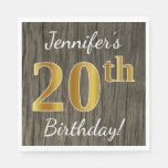 [ Thumbnail: Faux Wood, Faux Gold 20th Birthday + Custom Name Paper Napkin ]