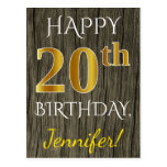 [ Thumbnail: Faux Wood, Faux Gold 20th Birthday + Custom Name Postcard ]