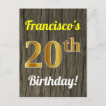 [ Thumbnail: Faux Wood, Faux Gold 20th Birthday & Custom Name Postcard ]