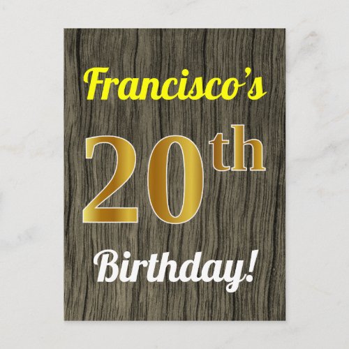 Faux Wood Faux Gold 20th Birthday  Custom Name Postcard