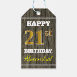 [ Thumbnail: Faux Wood, Faux Gold 21st Birthday + Custom Name Gift Tags ]