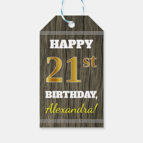 Faux Wood Faux Gold 21st Birthday  Custom Name Gift Tags