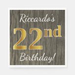 [ Thumbnail: Faux Wood, Faux Gold 22nd Birthday + Custom Name Napkin ]